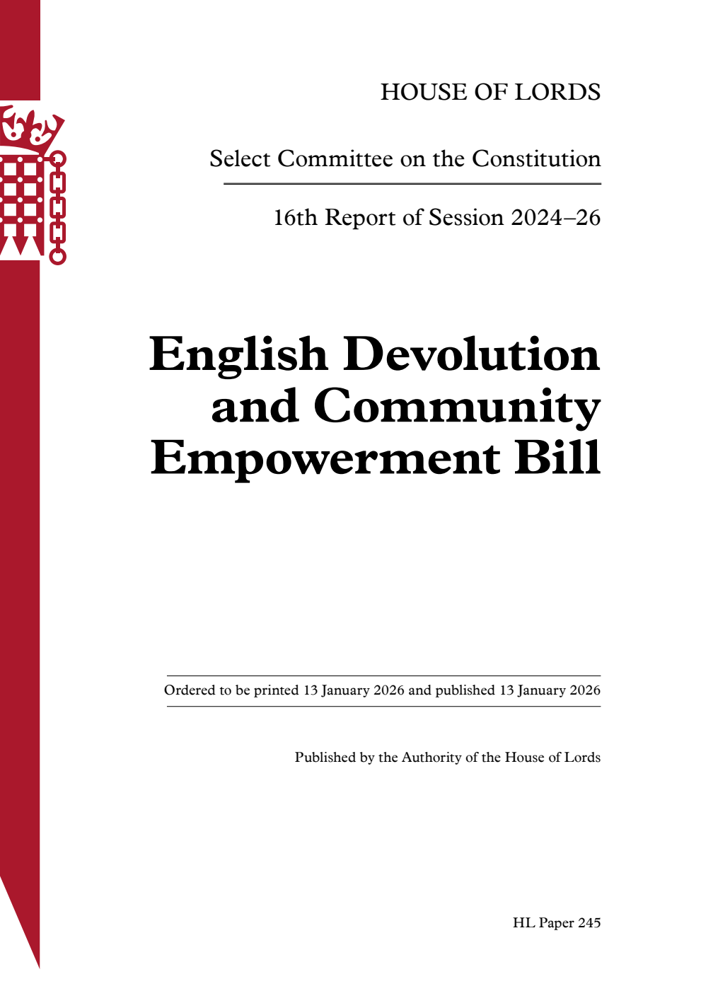 Constitution Committee 16th Report. English Devolution and Community Empowerment Bill