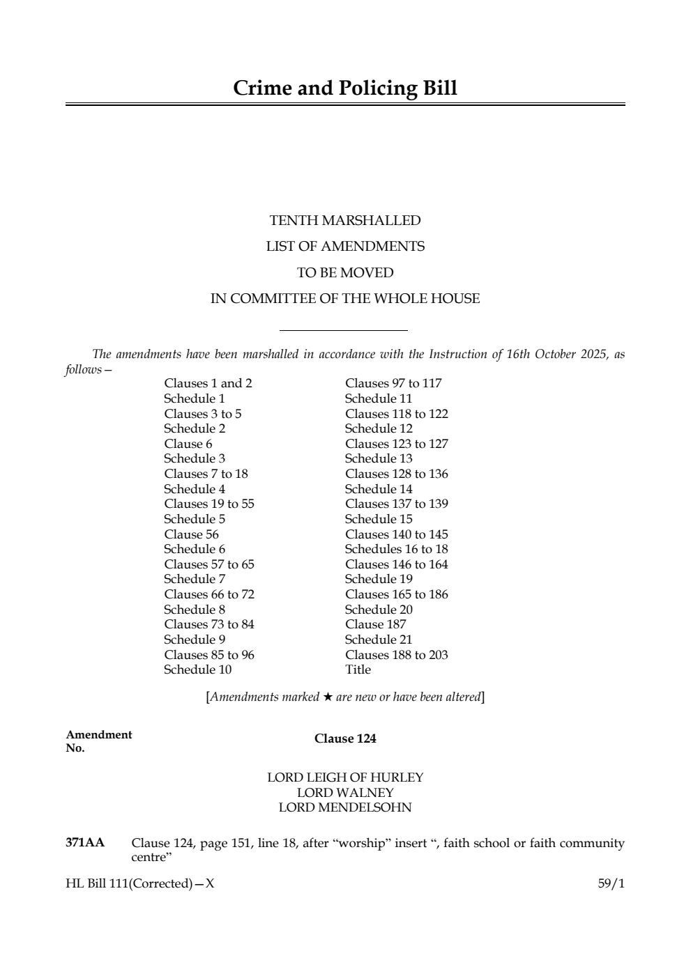 Crime and Policing Bill Tenth Marshalled List of amendments to be moved in Committee of the Whole House