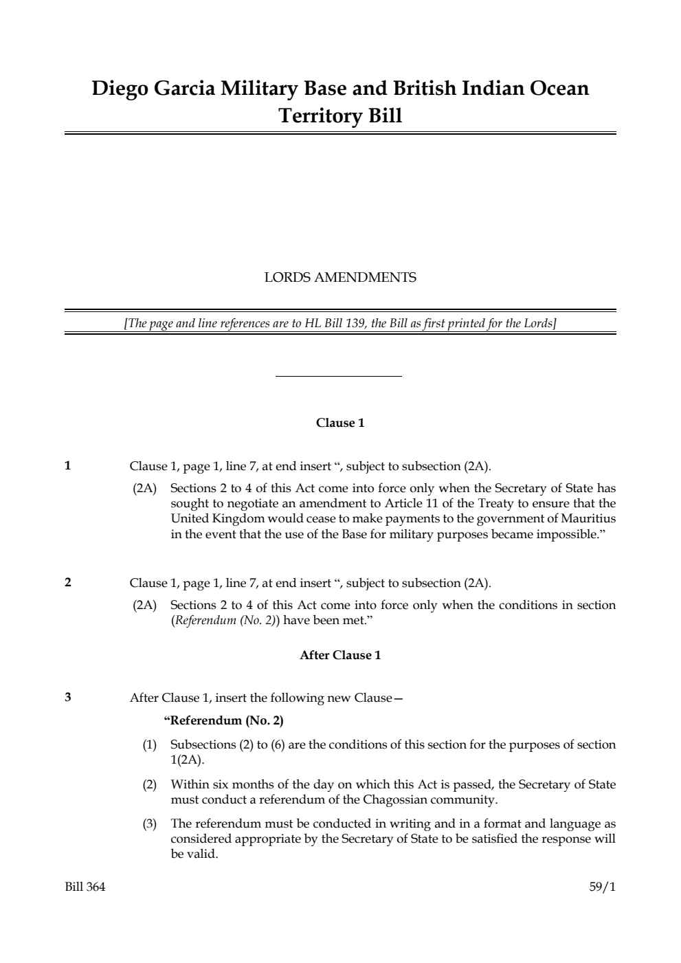 Diego Garcia Military Base and British Indian Ocean Territory Bill Lords amendments