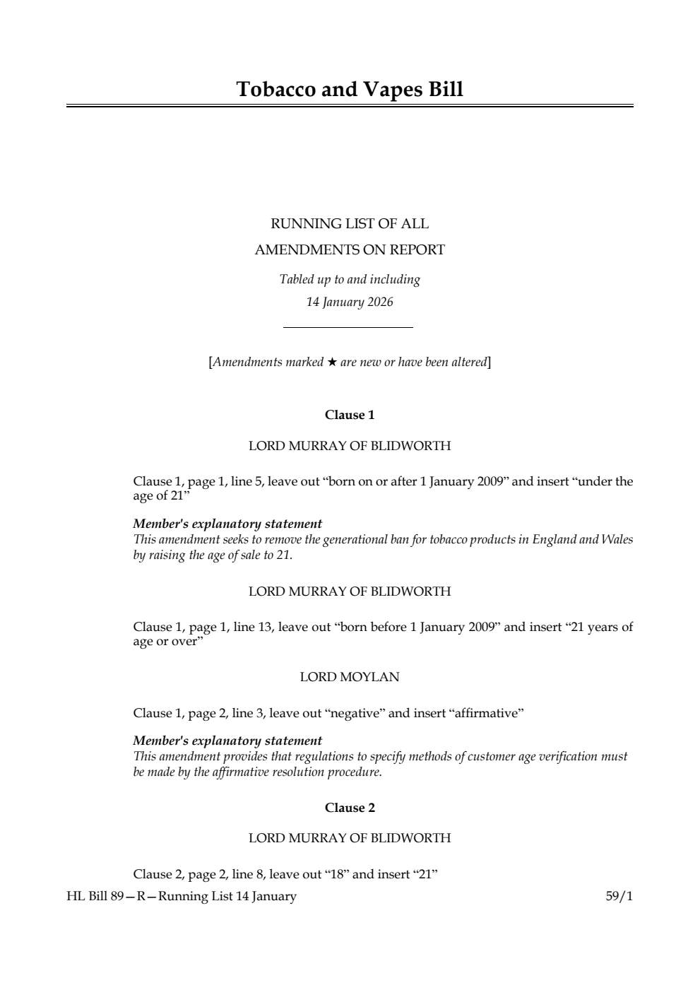 Tobacco and Vapes Bill Running List of all amendments on report tabled up to and including 14 January 2026