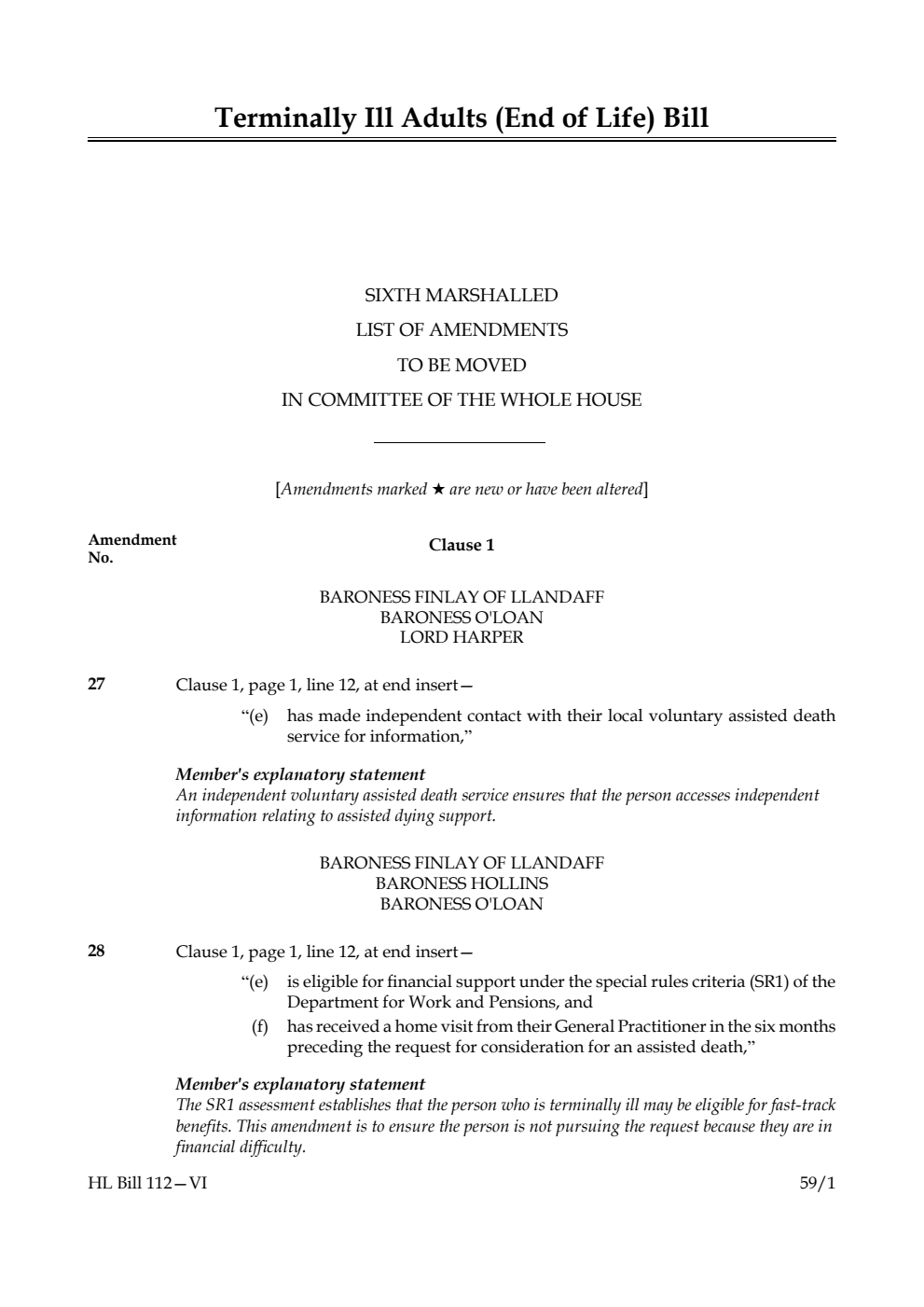 Terminally Ill Adults (End of Life) Bill Sixth Marshalled List of amendments to be moved in Committee of the Whole House