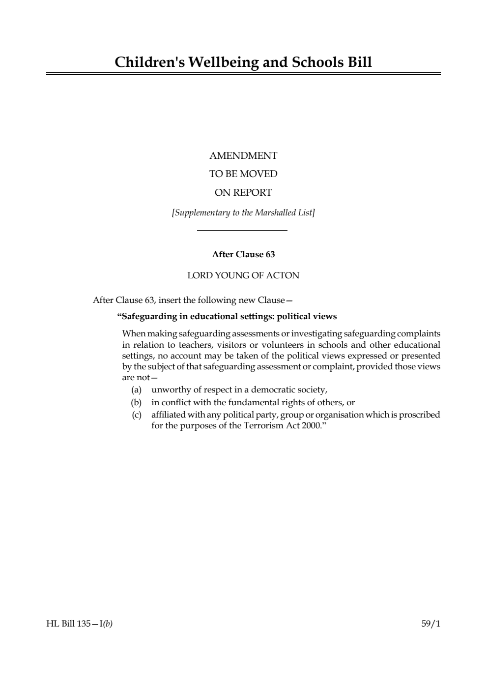 Children's Wellbeing and Schools Bill Amendment to be moved on report [Supplementary to the Marshalled List] 