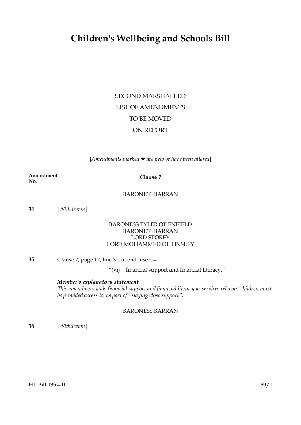Children's Wellbeing and Schools Bill Second Marshalled List of amendments to be moved on report