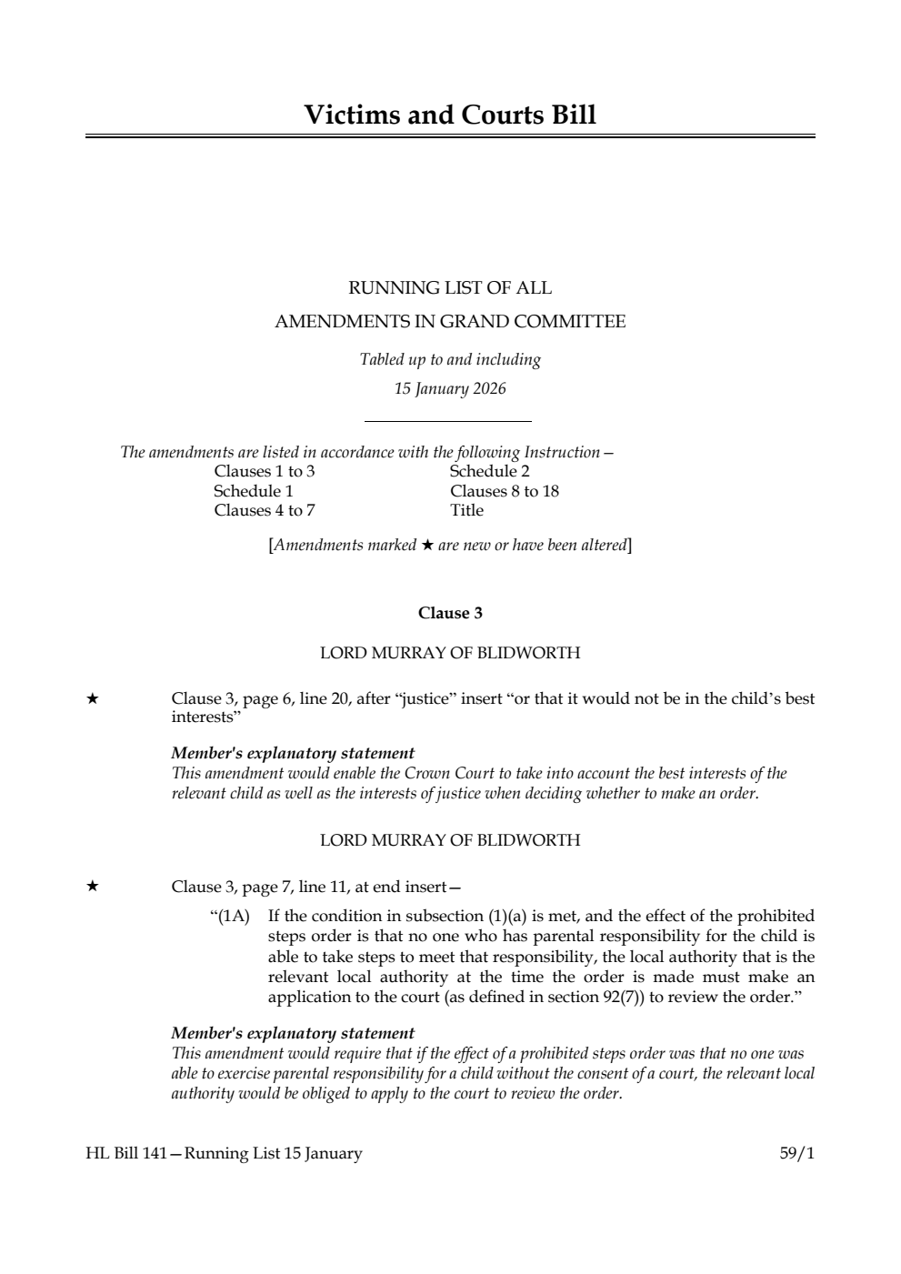Victims and Courts Bill Running List of all amendments in Grand Committee tabled up to and including 15 January 2026