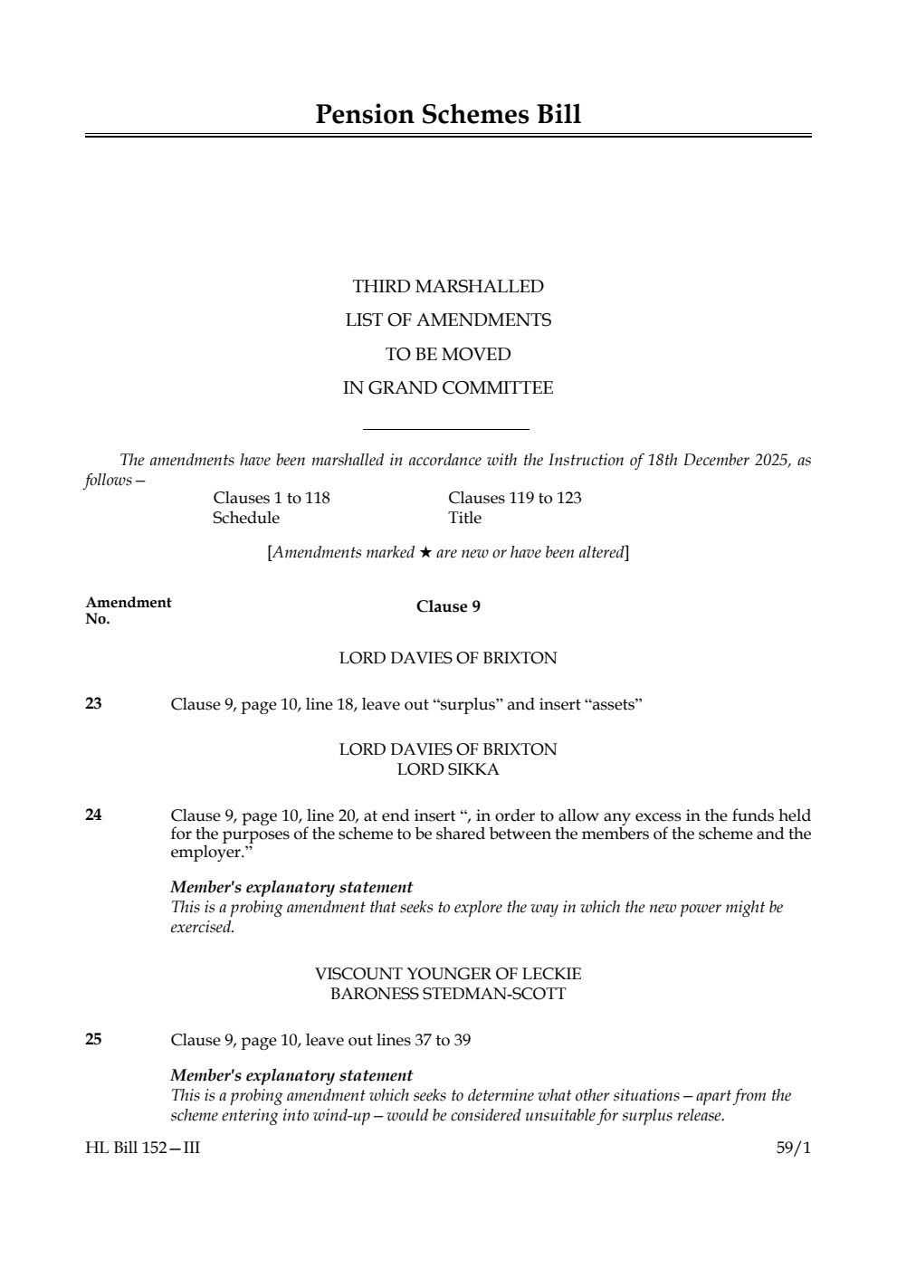 Pension Schemes Bill Third Marshalled List of amendments to be moved in Grand Committee