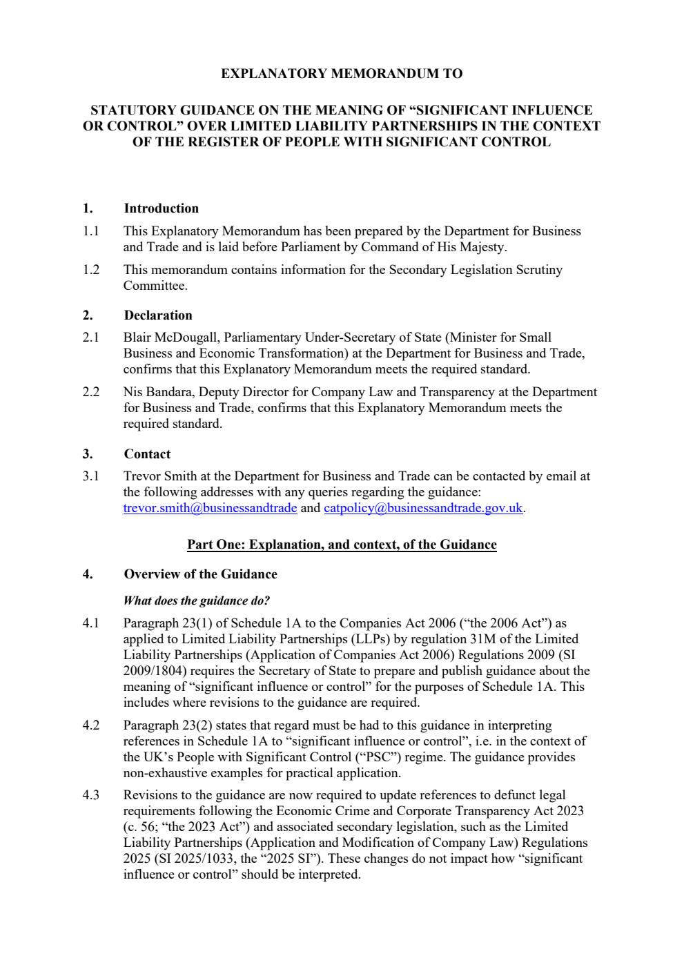 Explanatory memorandum to Statutory Guidance on the Meaning of “Significant Influence or Control” over Limited Liability Partnerships in the Context of the Register of People with Significant Control