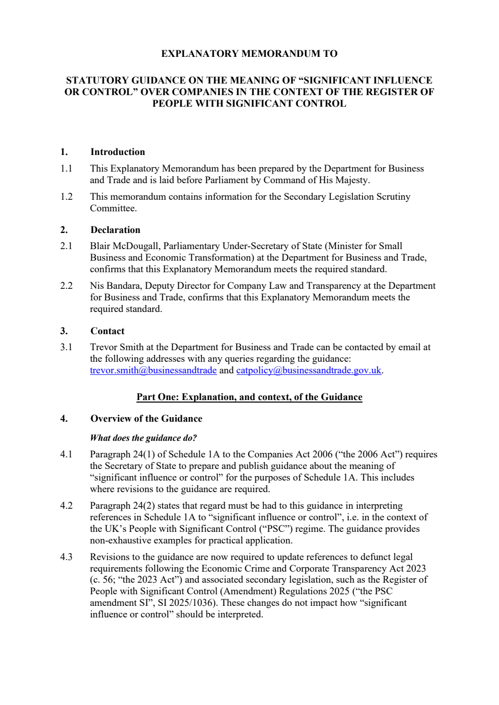 Explanatory memorandum to statutory guidance on the Meaning of “Significant Influence or Control” over Companies in the Context of the Register of People with Significant Control