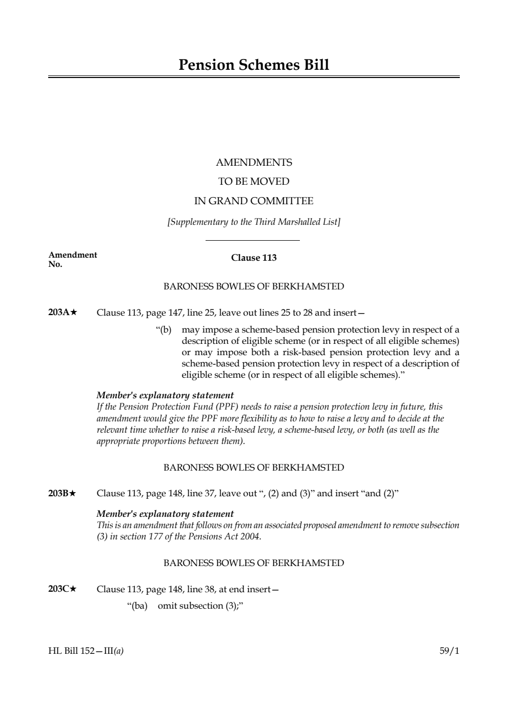 Pension Schemes Bill Amendments to be moved in Grand Committee [Supplementary to the Third Marshalled List] 