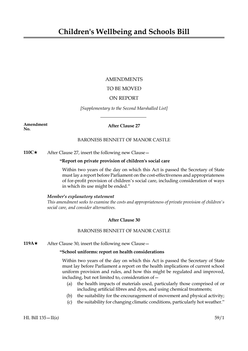Children's Wellbeing and Schools Bill Amendments to be moved on report [Supplementary to the Second Marshalled List]