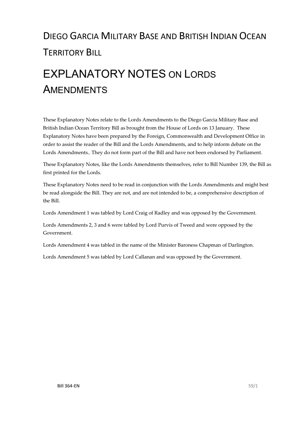 Diego Garcia Military Base and British Indian Ocean Territory Bill Explanatory Notes on Lords Amendments