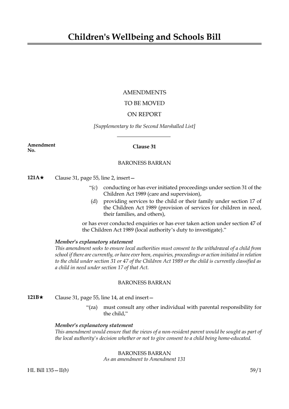 Children's Wellbeing and Schools Bill Amendments to be moved on report [Supplementary to the Second Marshalled List]