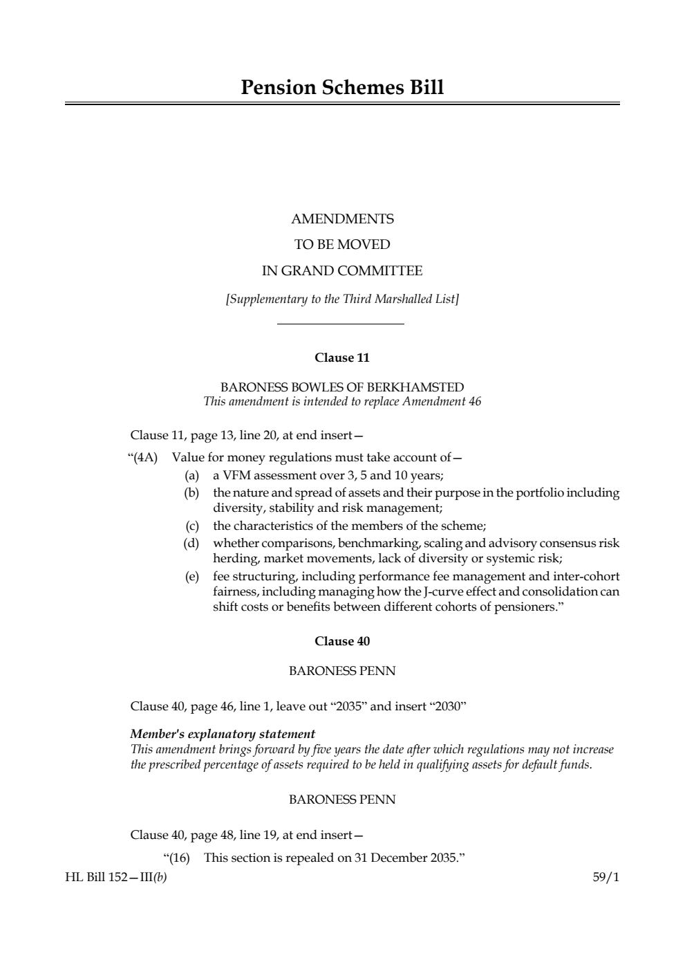 Pension Schemes Bill Amendments to be moved in Grand Committee [Supplementary to the Third Marshalled List] 