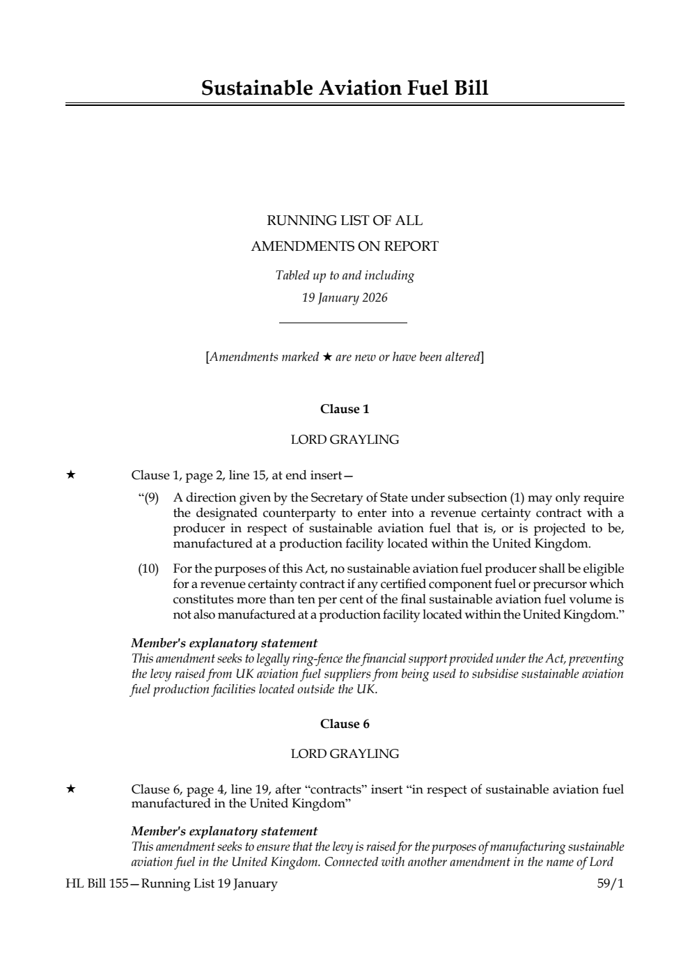 Sustainable Aviation Fuel Bill Running List of all amendments on report tabled up to and including 19 January 2026
