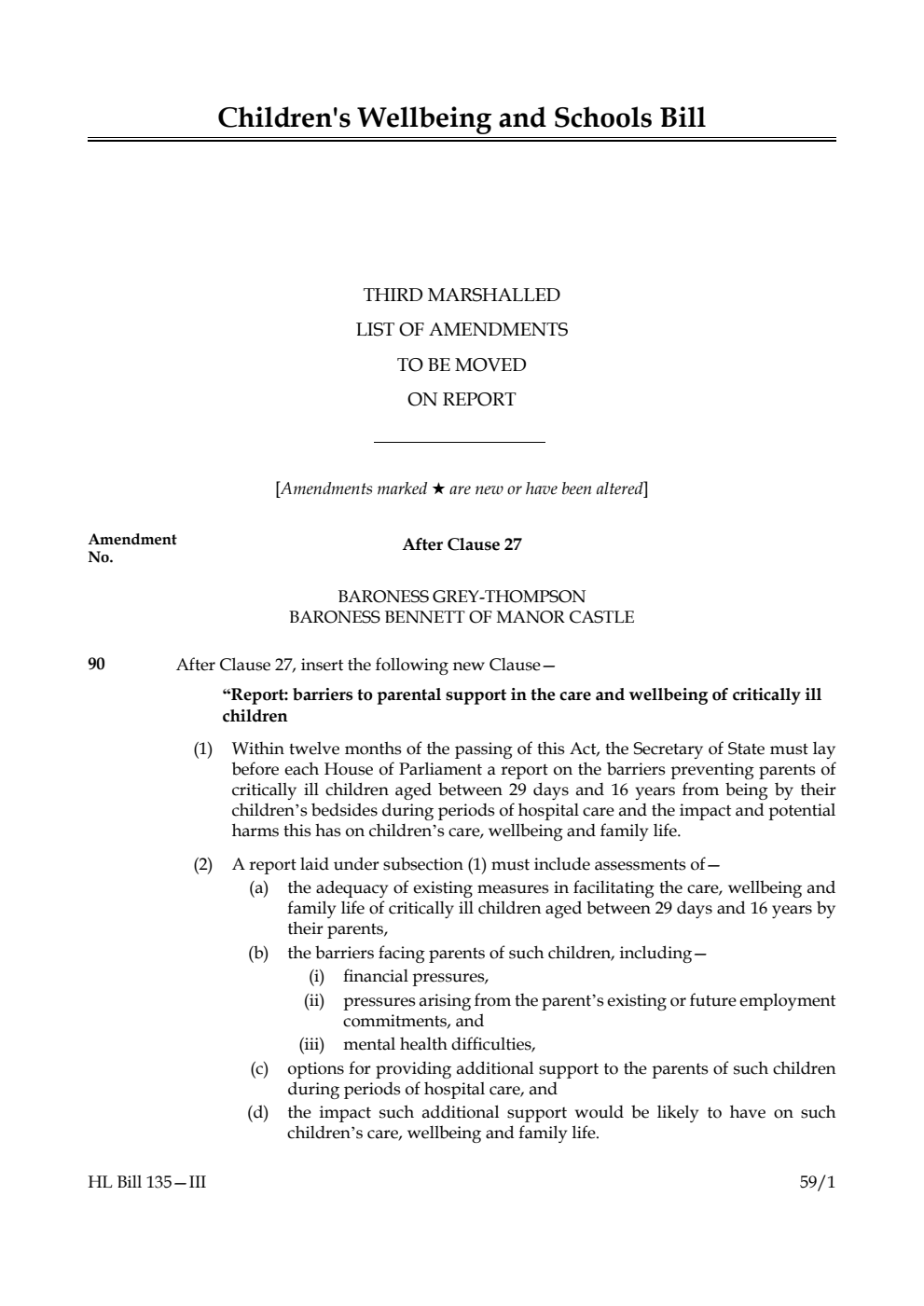 Children's Wellbeing and Schools Bill Third Marshalled List of amendments to be moved on report