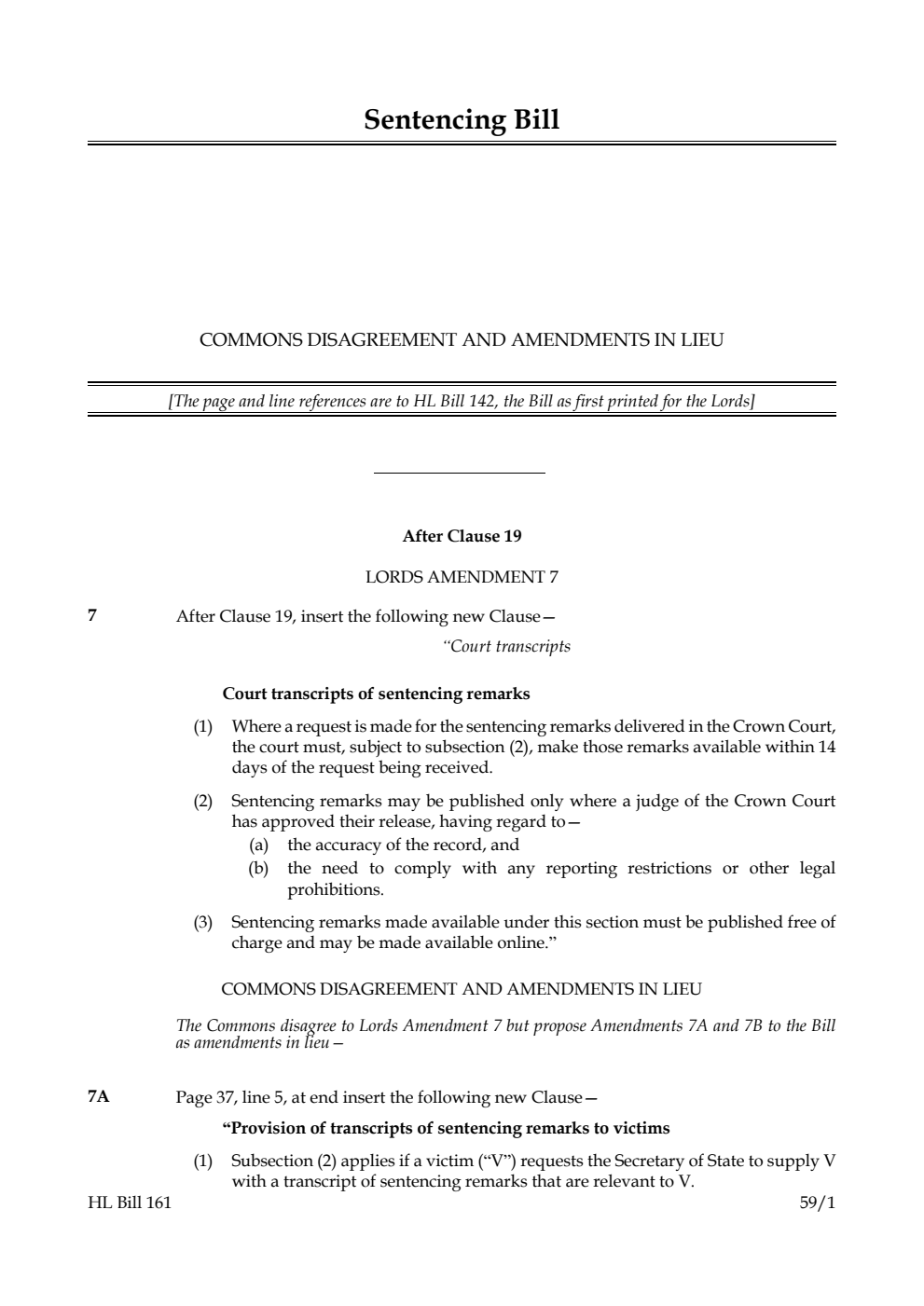 Sentencing Bill Commons disagreement and amendments in lieu