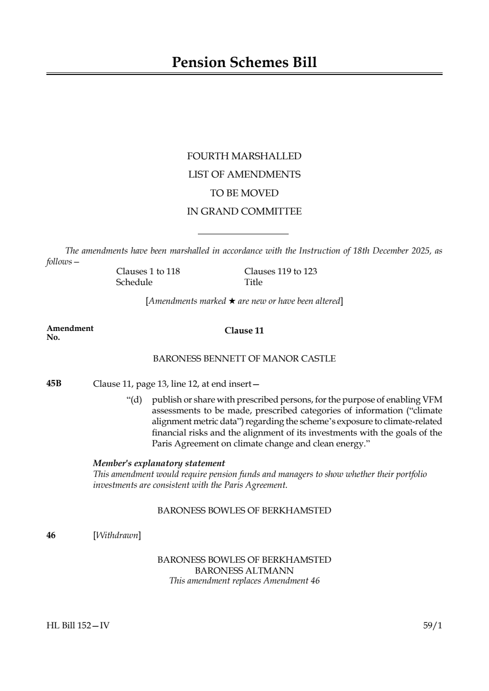 Pension Schemes Bill Fourth Marshalled List of amendments to be moved in Grand Committee