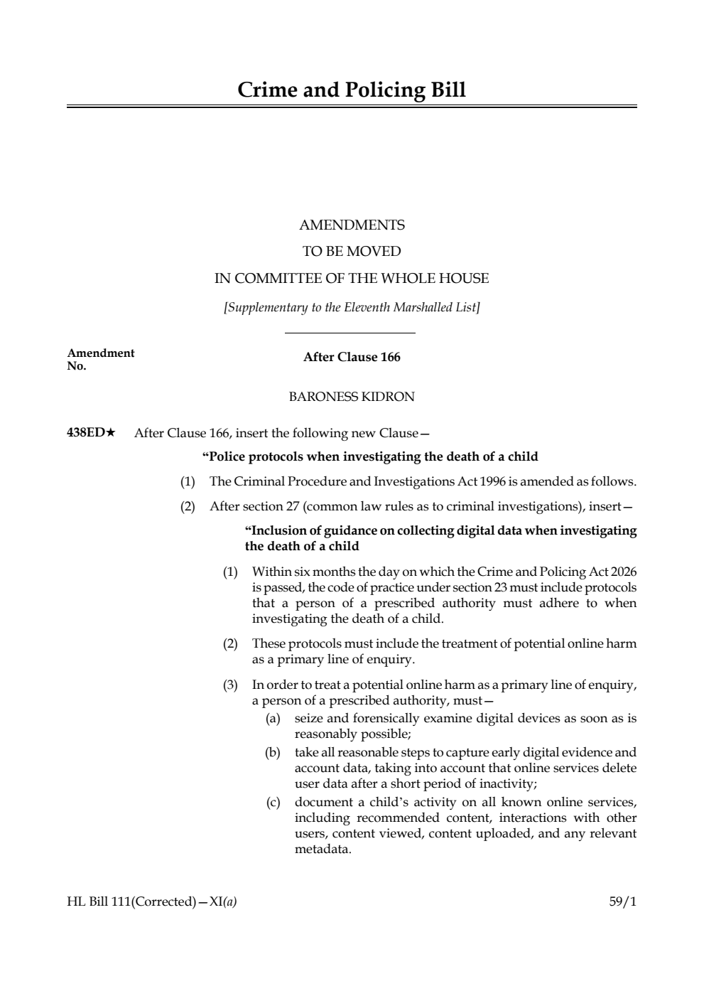 Crime and Policing Bill Amendments to be moved in Committee of the Whole House [Supplementary to the Eleventh Marshalled List] 