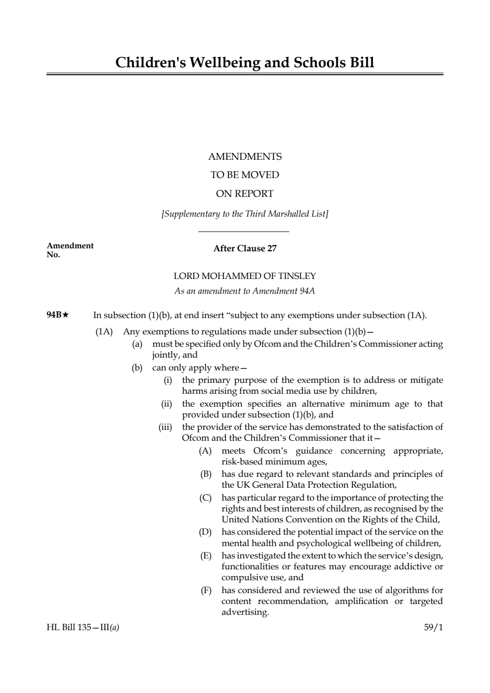 Children's Wellbeing and Schools Bill Amendments to be moved on report [Supplementary to the Third Marshalled List]