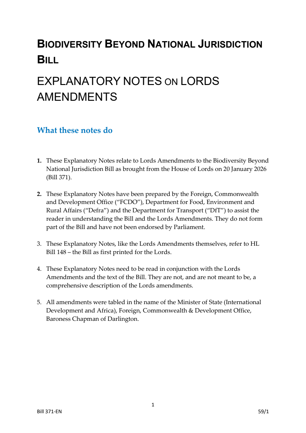 Biodiversity Beyond National Jurisdiction Bill Explanatory Notes on Lords Amendments
