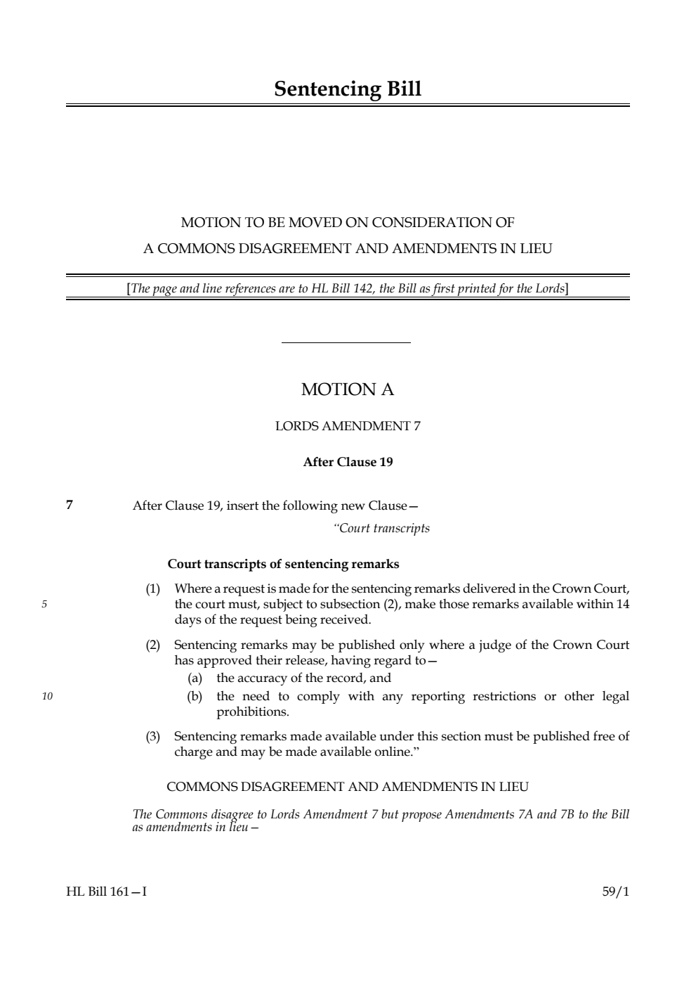 Sentencing Bill Motion to be moved on consideration of a Commons disagreement and amendments in lieu