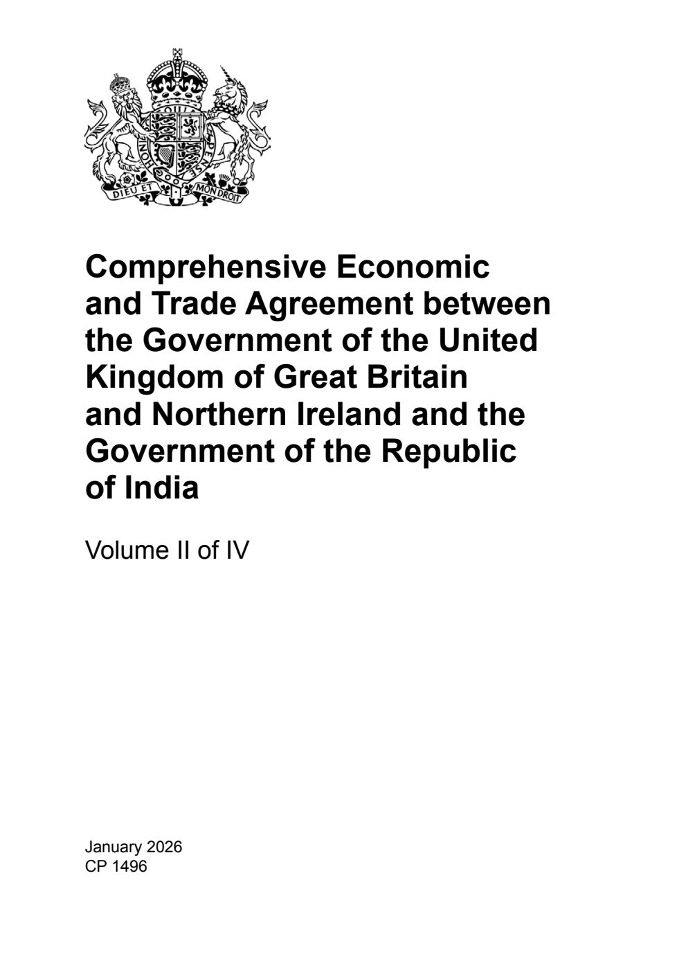 India No. 1 (2026) Comprehensive Economic and Trade Agreement between the Government of the United Kingdom of Great Britain and Northern Ireland and the Government of the Republic of India. Buckinghamshire, 24 July 2025. Volume 2