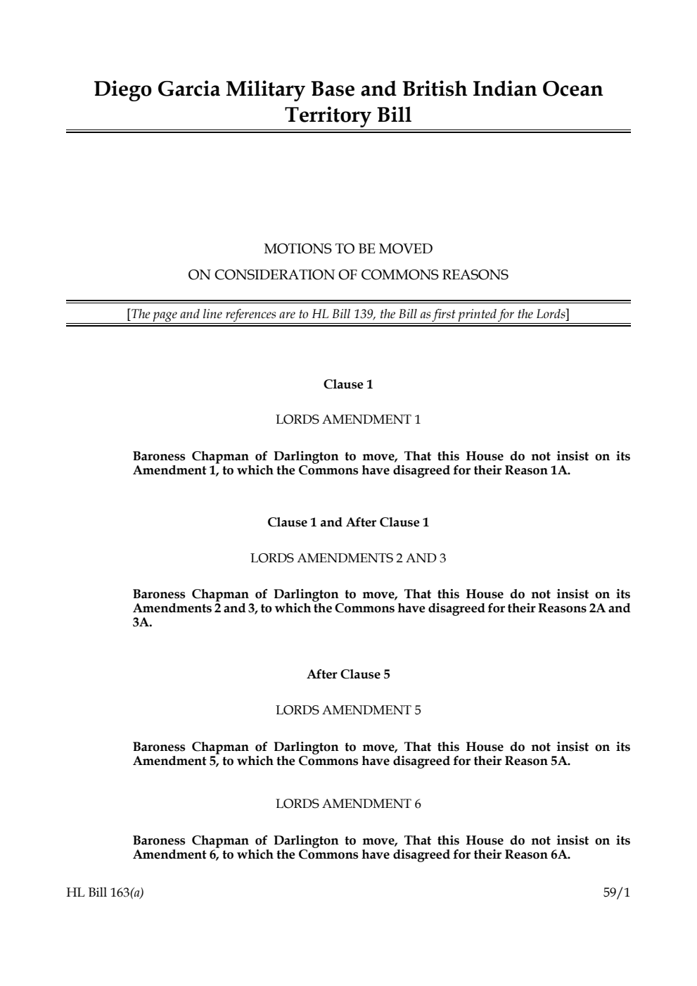 Diego Garcia Military Base and British Indian Ocean Territory Bill Motions to be moved on consideration of Commons reasons