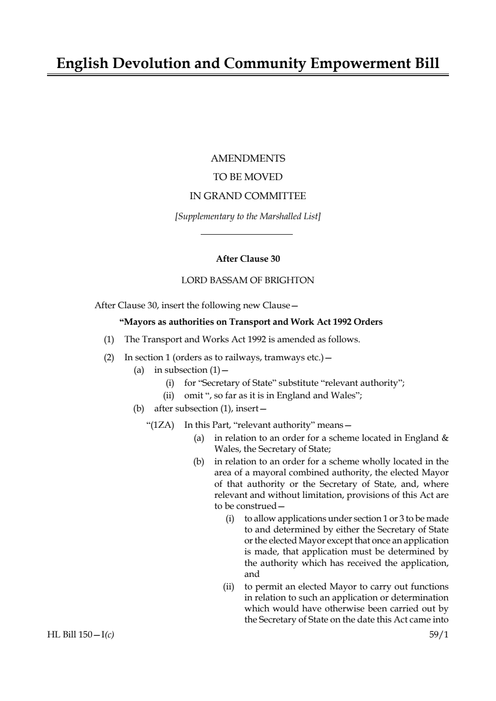 English Devolution and Community Empowerment Bill Amendments to be moved in Grand Committee [Supplementary to the Marshalled List] 
