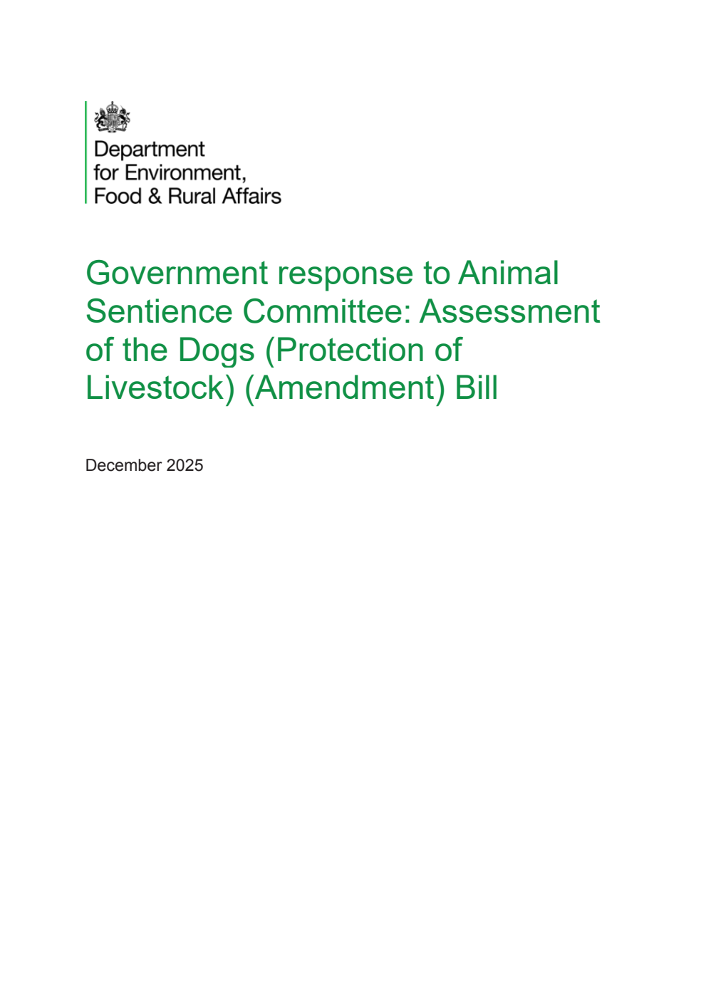 Government response to Animal Sentience Committee: Assessment of the Dogs (Protection of Livestock) (Amendment) Bill
