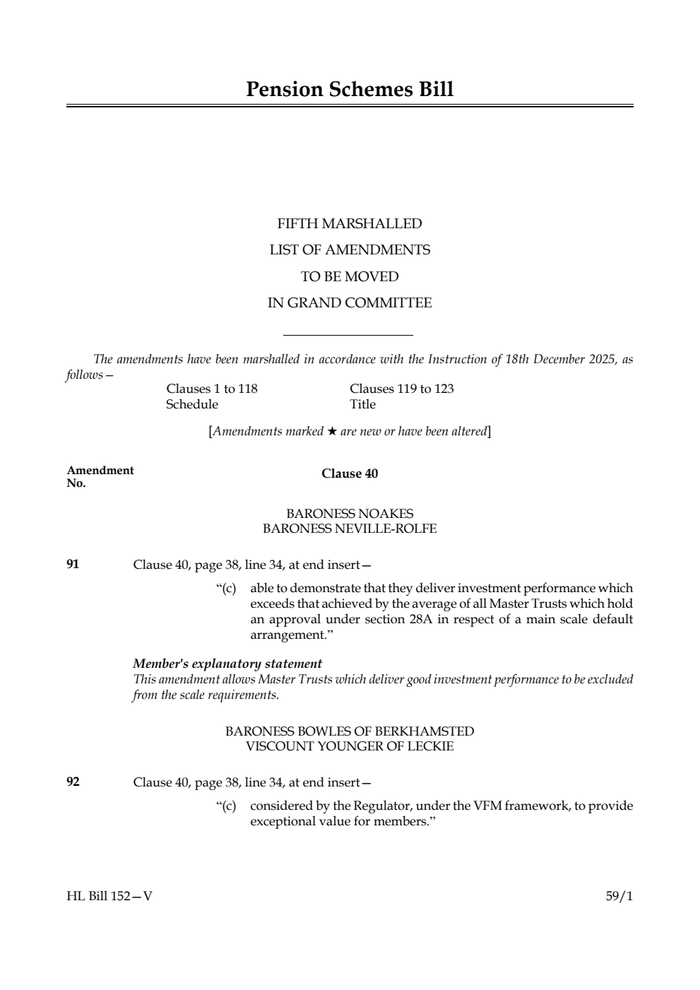 Pension Schemes Bill Fifth Marshalled List of amendments to be moved in Grand Committee