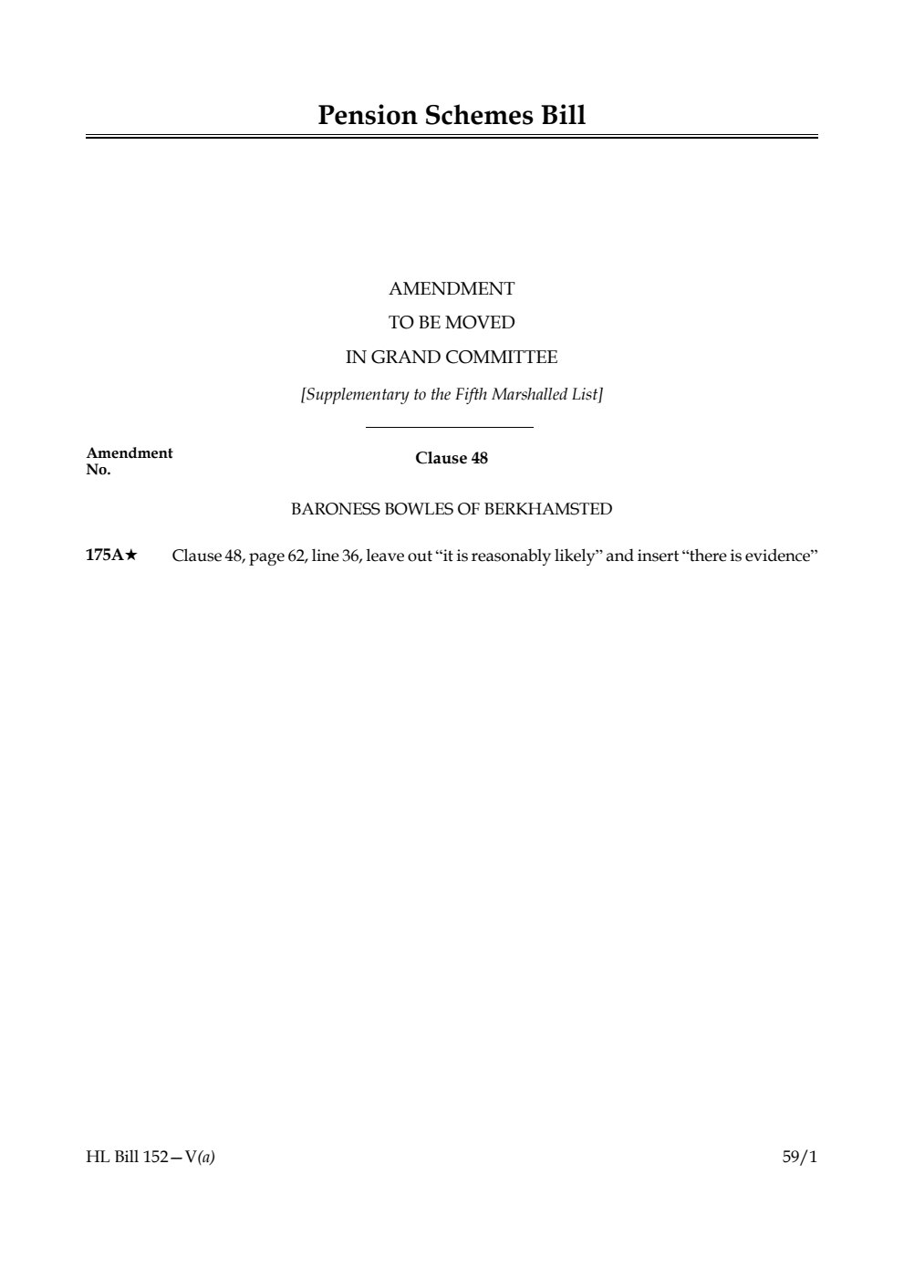 Pension Schemes Bill Amendment to be moved in Grand Committee [Supplementary to the Fifth Marshalled List] 