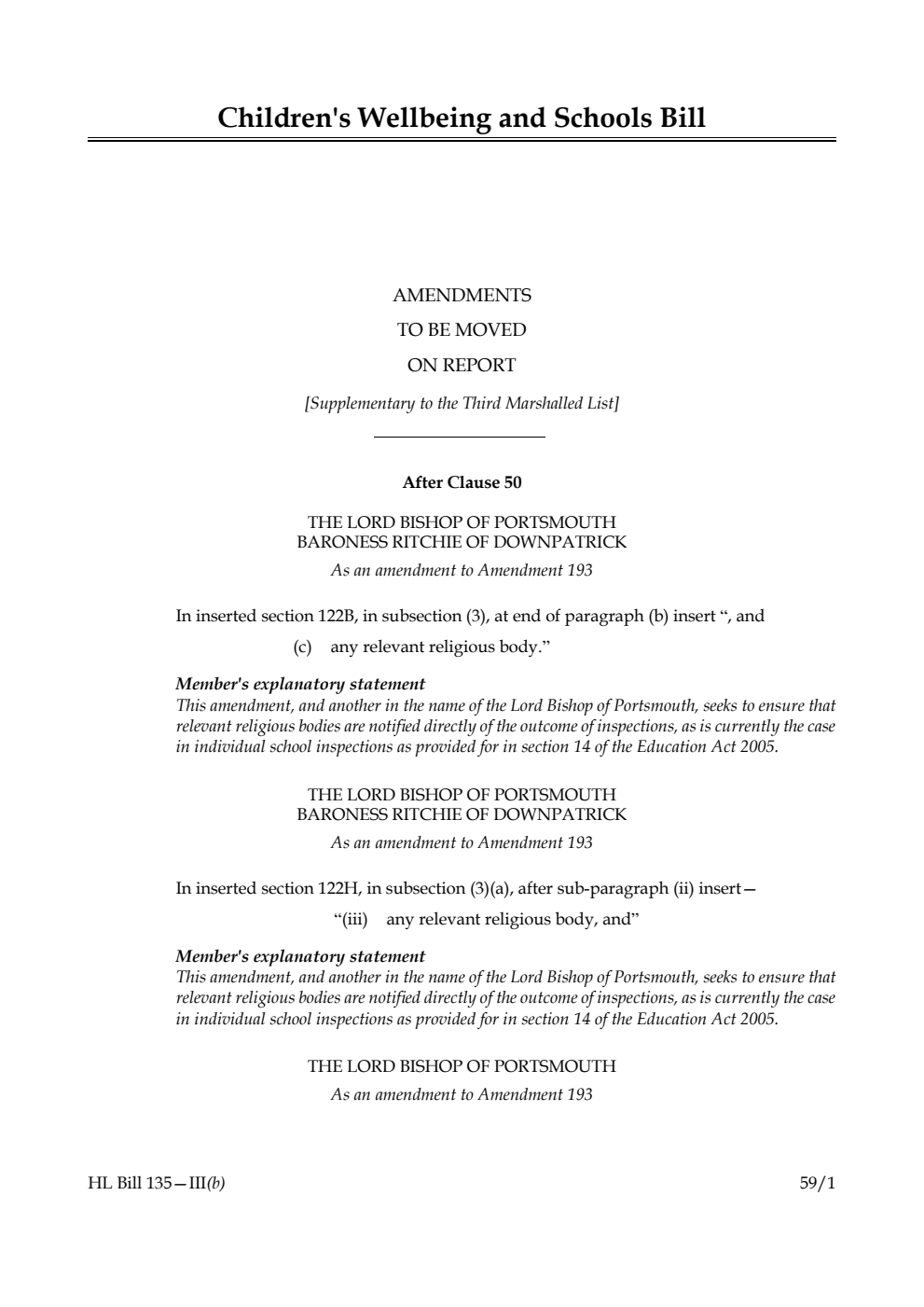 Children's Wellbeing and Schools Bill Amendments to be moved on report [Supplementary to the Third Marshalled List] 