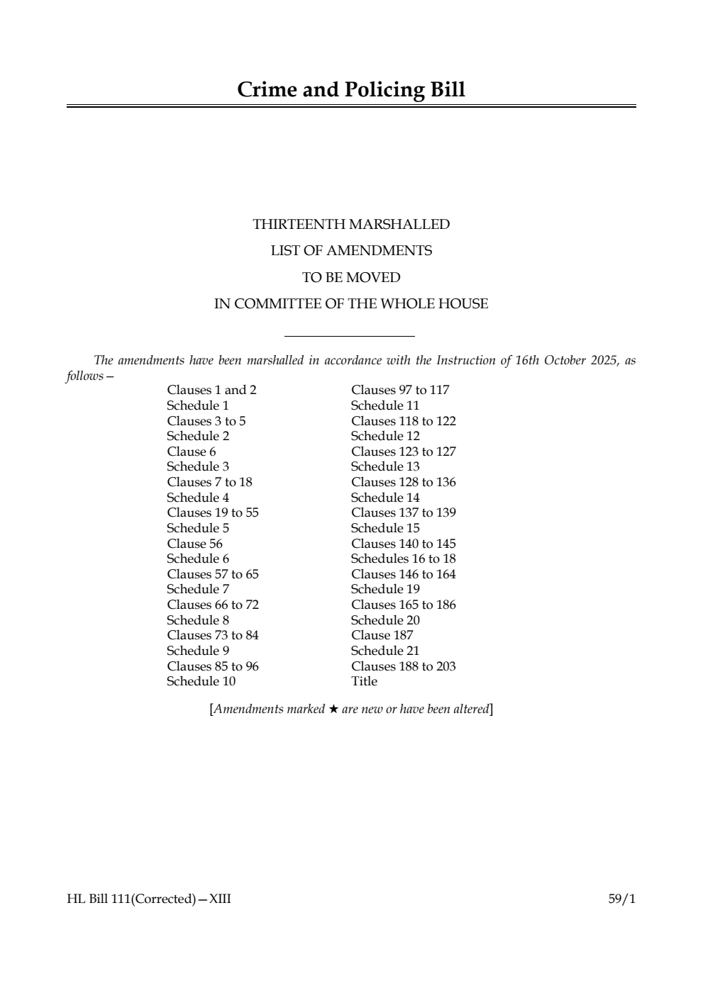 Crime and Policing Bill Thirteenth Marshalled List of amendments to be moved in Committee of the Whole House