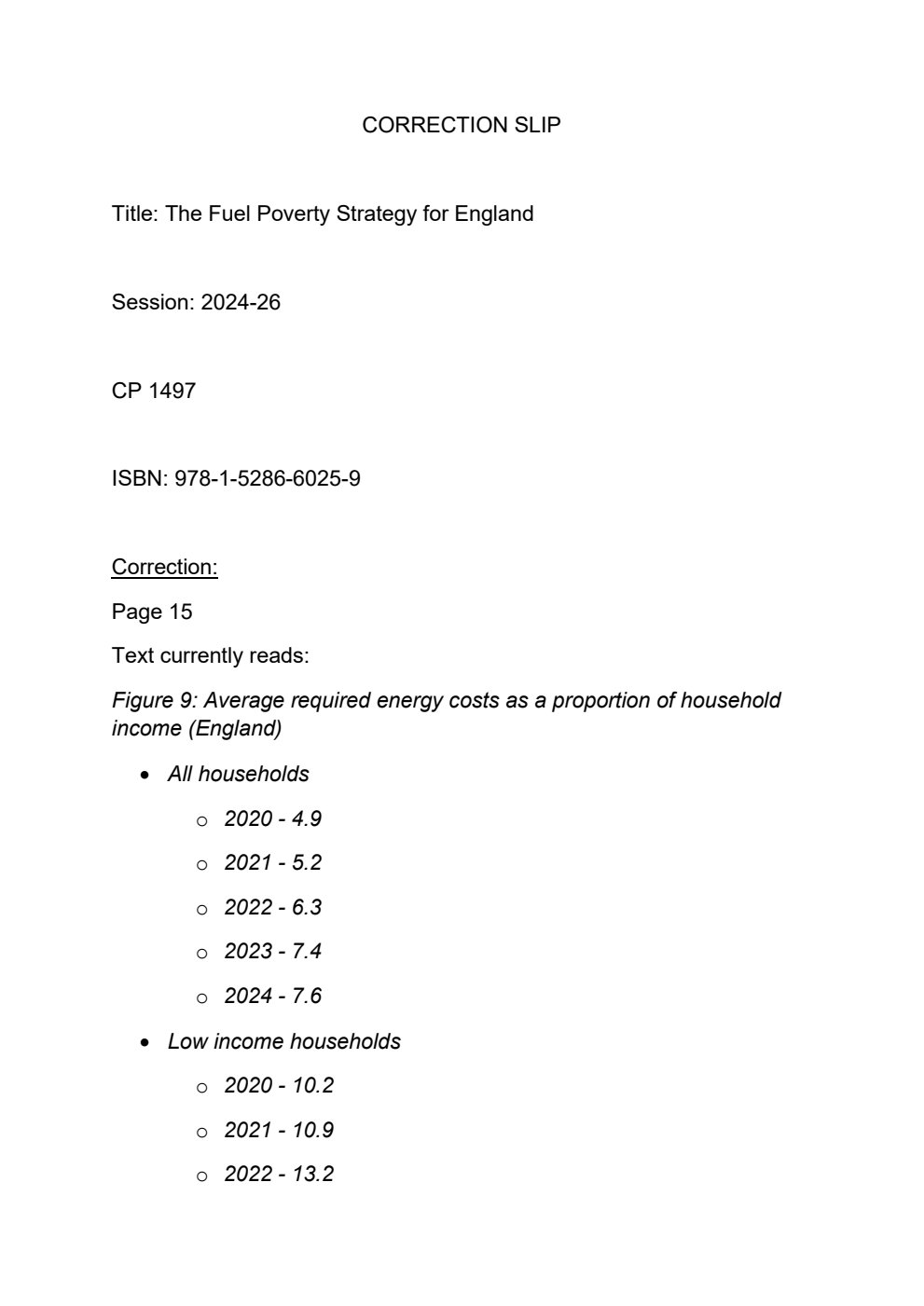 The Fuel Poverty Strategy for England. Correction Slip, January 2026