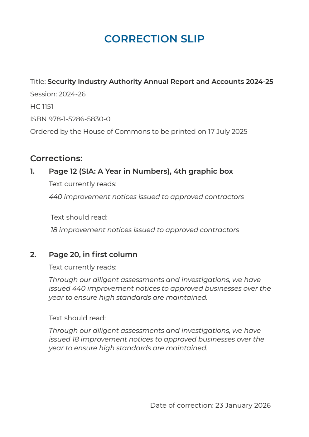 Security Industry Authority Annual Report and Accounts 2024-25. Correction Slip, January 2026