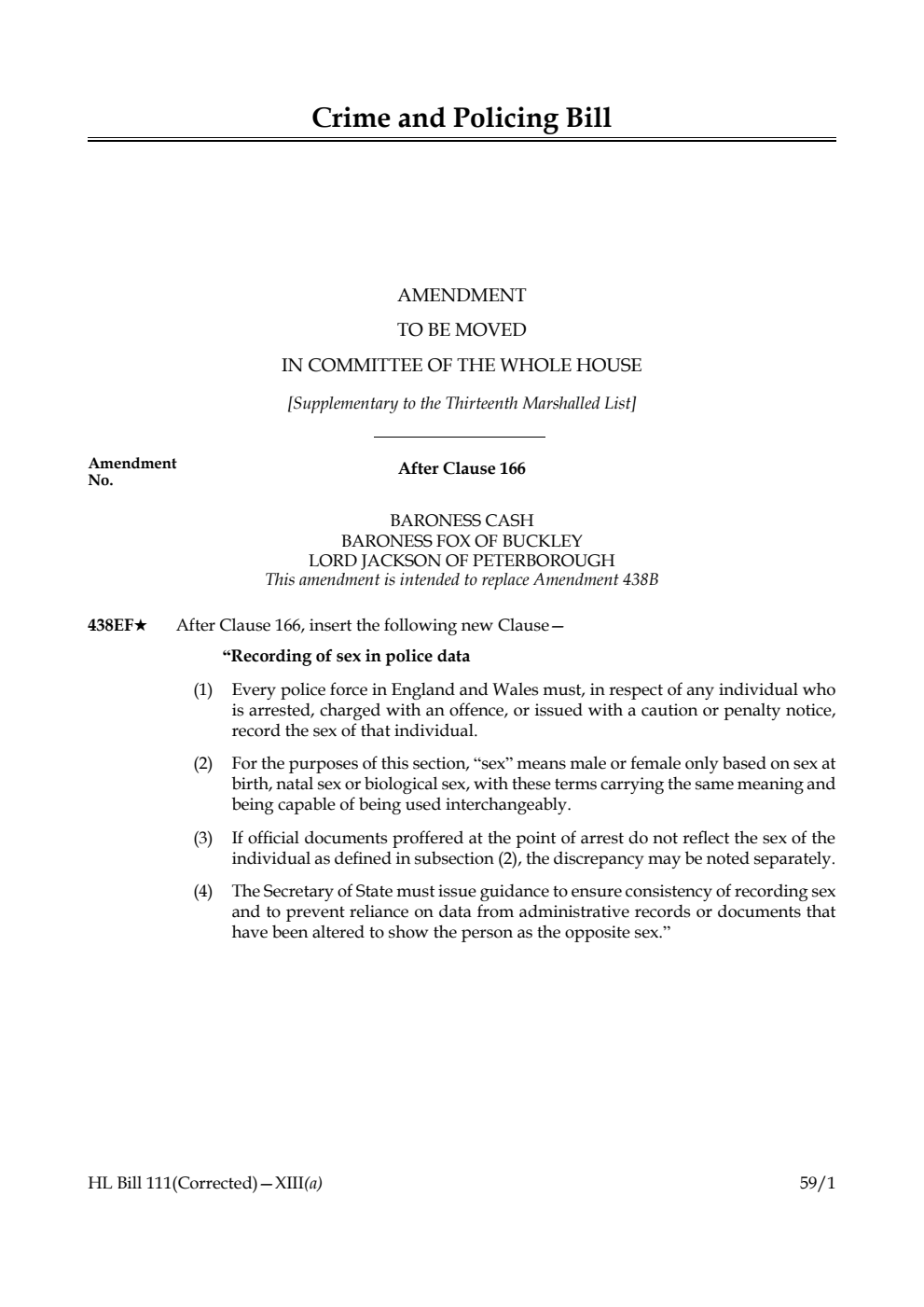 Crime and Policing Bill Amendment to be moved in Committee of the Whole House [Supplementary to the Thirteenth Marshalled List] 