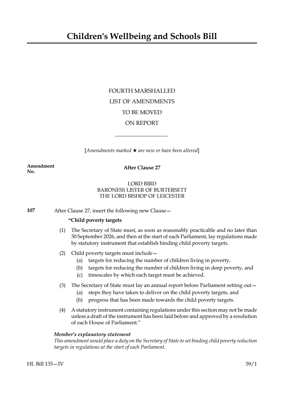 Children's Wellbeing and Schools Bill Fourth Marshalled List of amendments to be moved on report