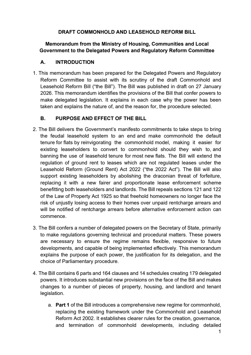 Draft Commonhold and Leasehold Reform Bill: Delegated Powers Memorandum