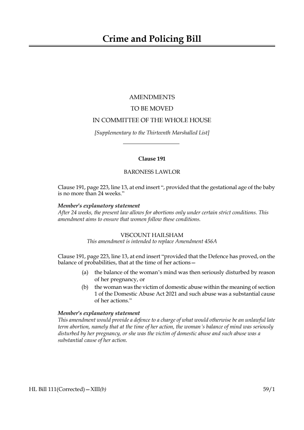 Crime and Policing Bill Amendments to be moved in Committee of the Whole House [Supplementary to the Thirteenth Marshalled List]