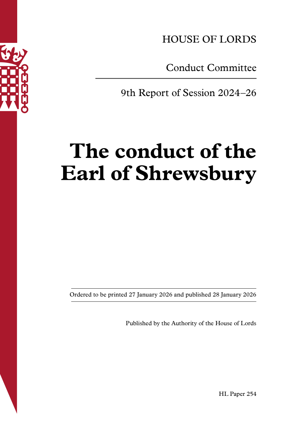 Conduct Committee 9th Report. The conduct of the Earl of Shrewsbury