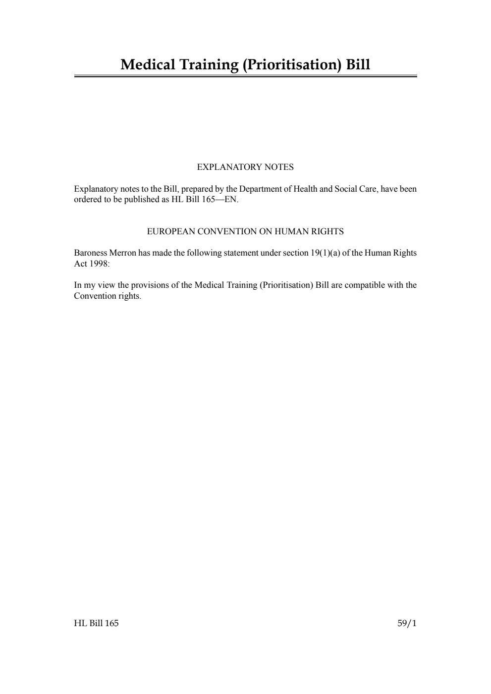 Medical Training (Prioritisation) Bill [as brought from the Commons]