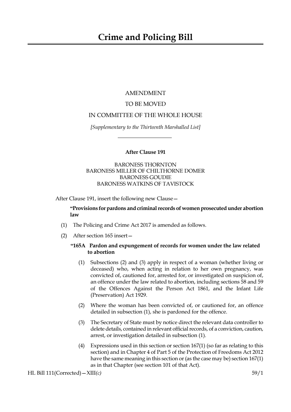 Crime and Policing Bill Amendment to be moved in Committee of the Whole House [Supplementary to the Thirteenth Marshalled List] 