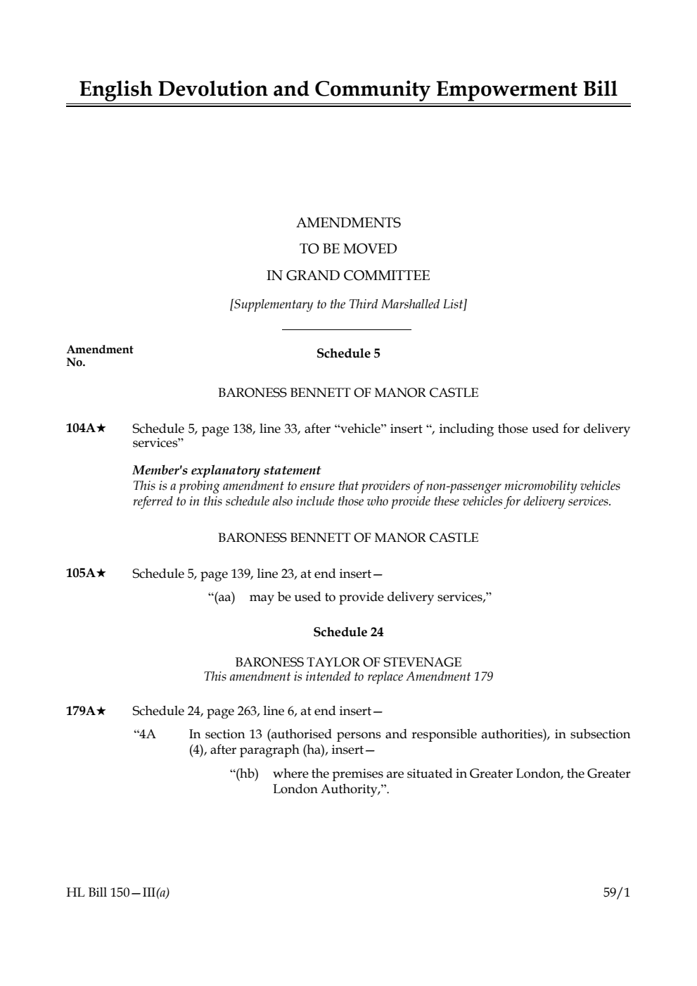 English Devolution and Community Empowerment Bill Amendments to be moved in Grand Committee [Supplementary to the Third Marshalled List]