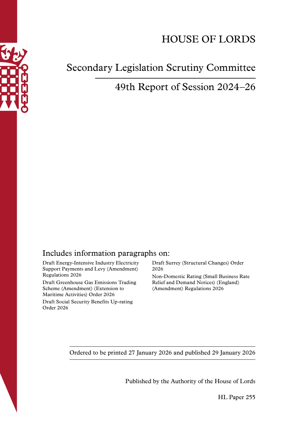 Secondary Legislation Scrutiny Committee 49th Report of Session 2024–26