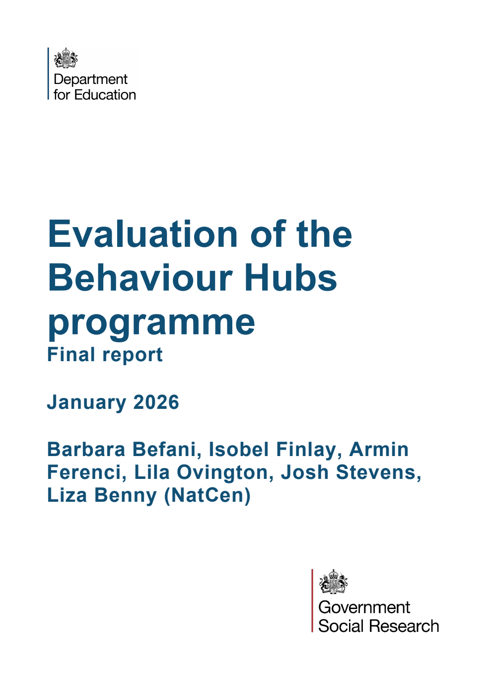 DFE-RR 1596 Evaluation of the Behaviour Hubs programme - Final report. January 2026