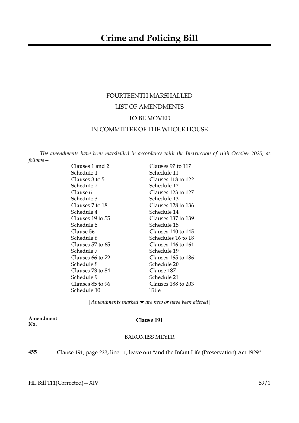Crime and Policing Bill Fourteenth Marshalled List of amendments to be moved in Committee of the Whole House