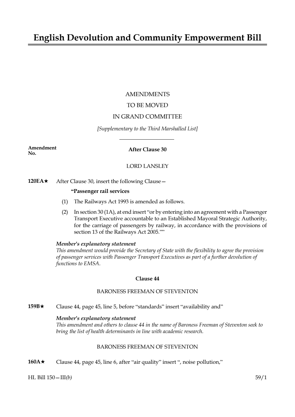 English Devolution and Community Empowerment Bill Amendments to be moved in Grand Committee [Supplementary to the Third Marshalled List]