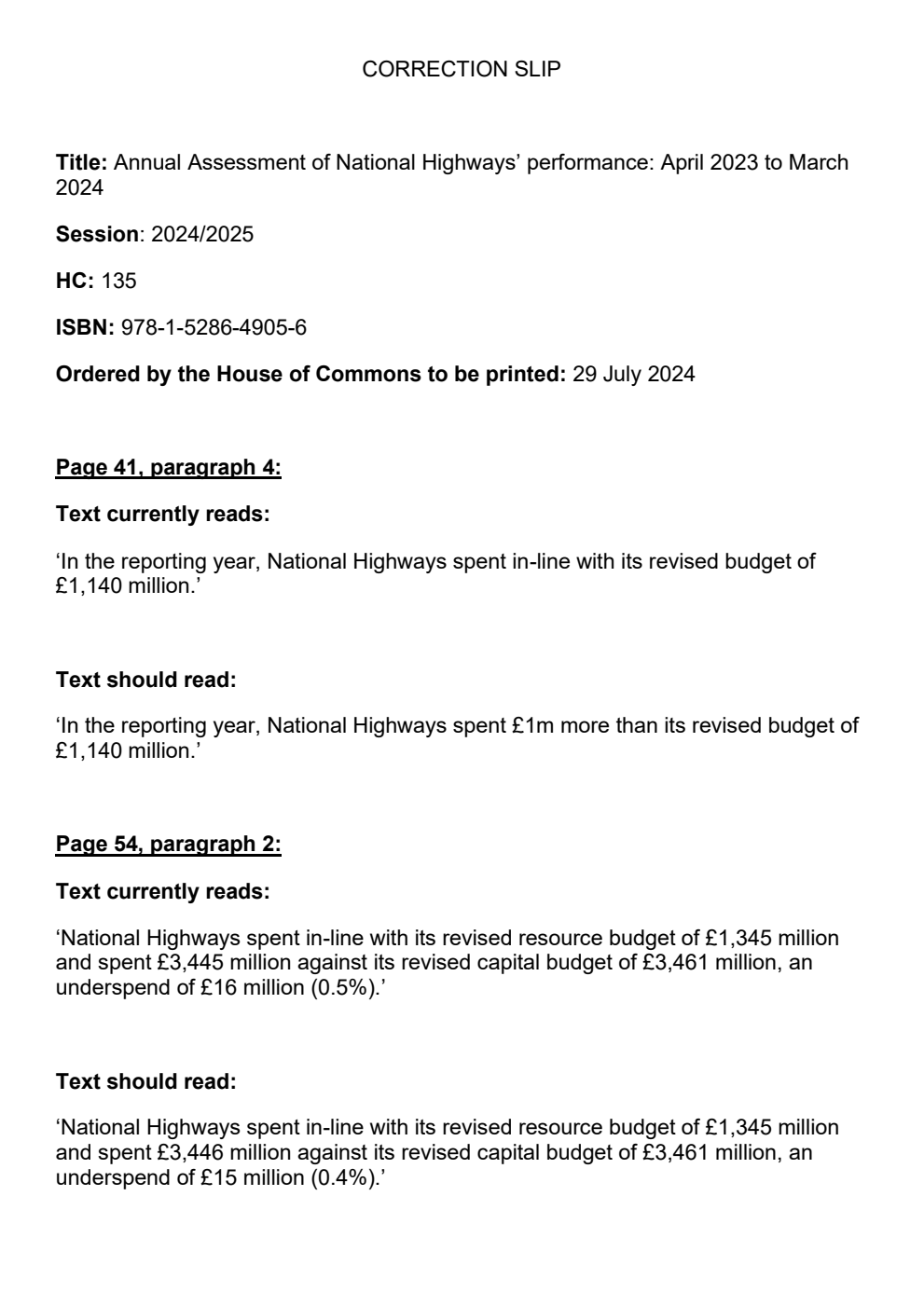 Annual Assessment of National Highways' performance April 2023 to March 2024. Correction Slip, January 2026