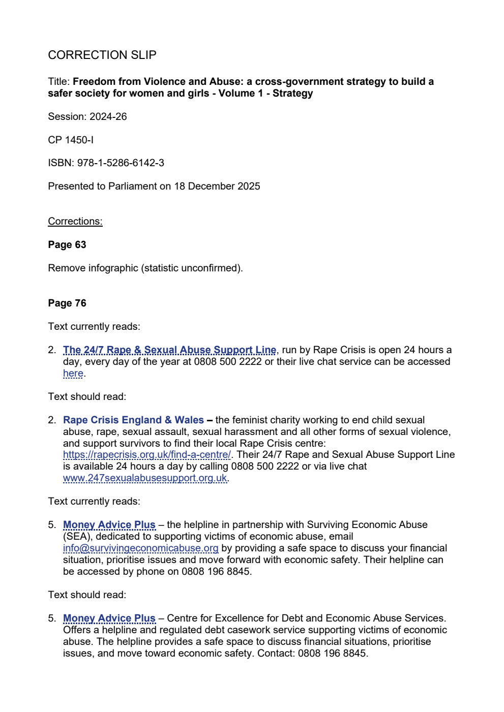 Freedom from Violence and Abuse: A cross-government strategy to build a safer society for women and girls Volume 1. Strategy. Correction Slip, January 2026