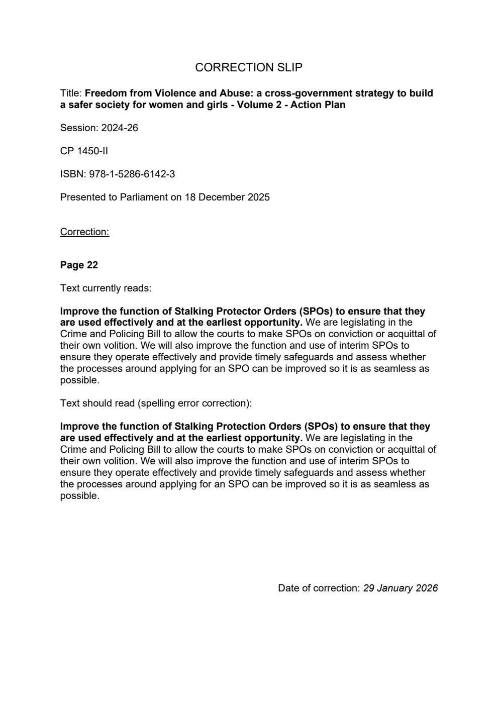 Freedom from Violence and Abuse: A cross-government strategy to build a safer society for women and girls Volume 2. Action Plan. Correction Slip, January 2026