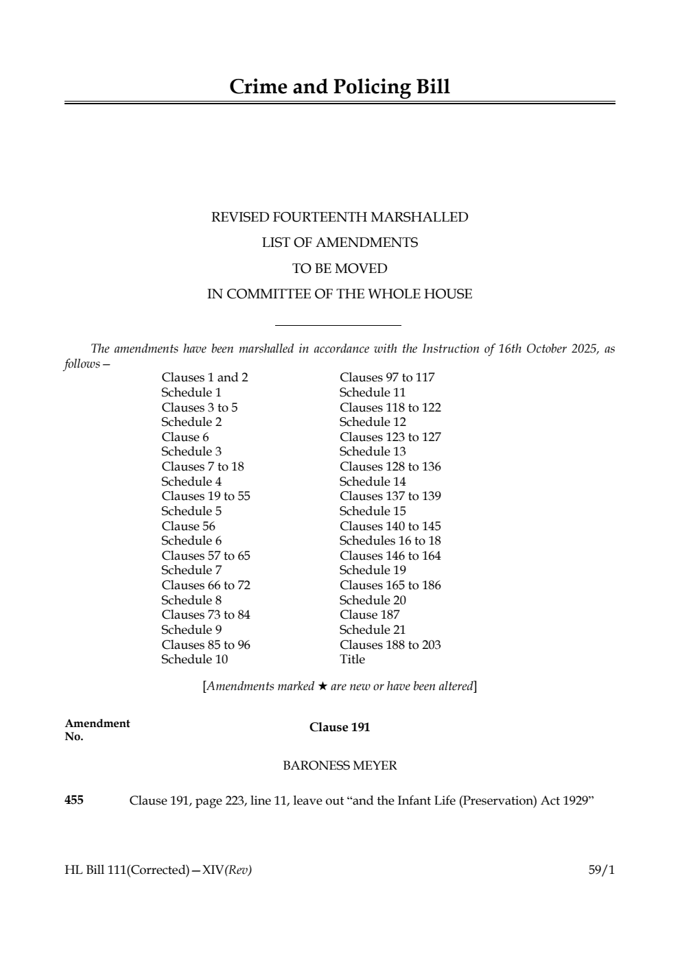 Crime and Policing Bill Revised fourteenth Marshalled List of amendments to be moved in Committee of the Whole House